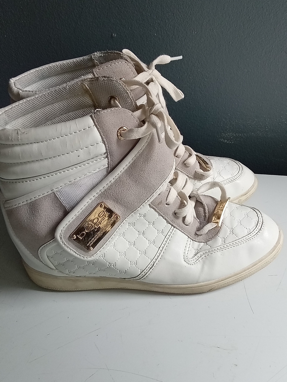 Bebe Sport White Taupe Quilted Hidden Wedge‎ High Top Sneakers Gold Logo Strap